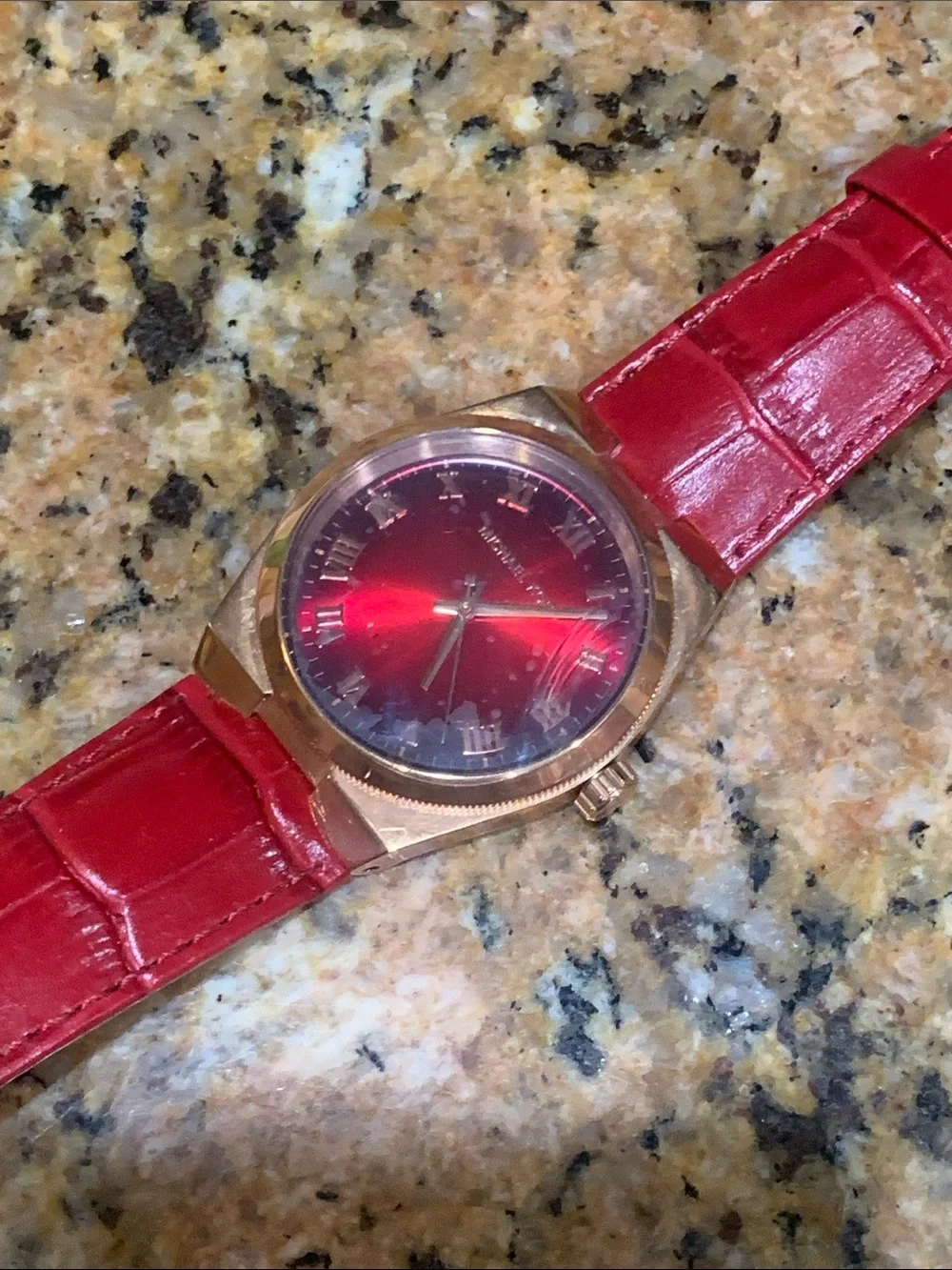 Brand new limited edition red, rose gold plated authentic rare watch/ leather